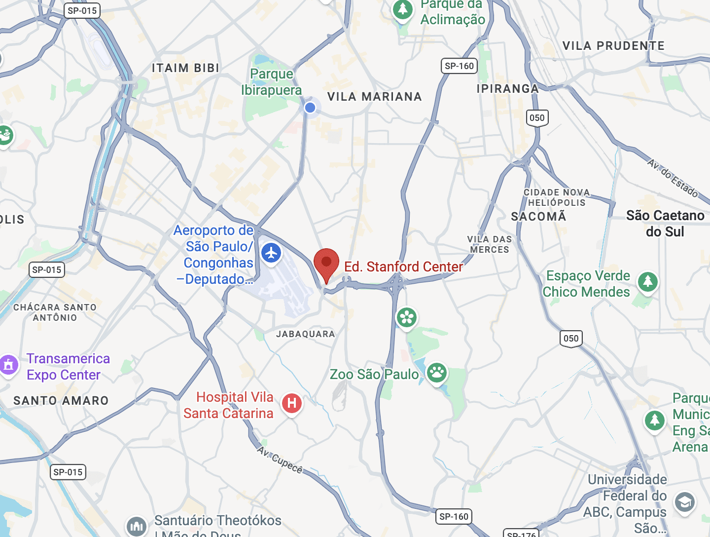 Map showing Ed. Stanford Center on Av. Jabaquara, near Congonhas Airport, São Paulo